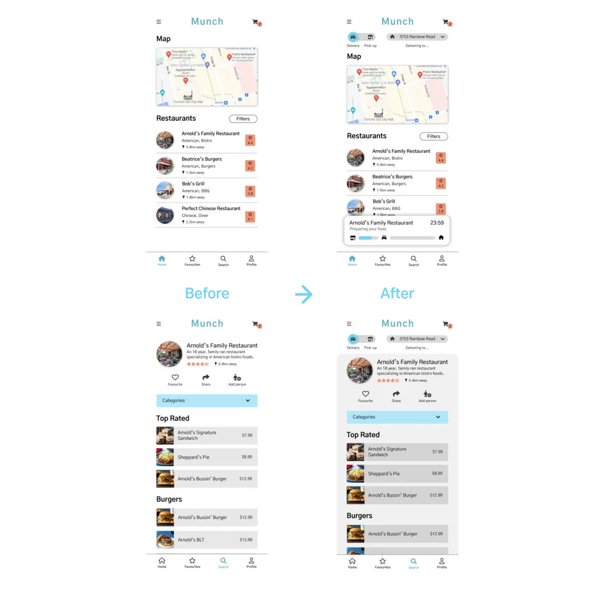 A comparison between the digital wireframe (home screen and restaurant screen) before and after the usability study